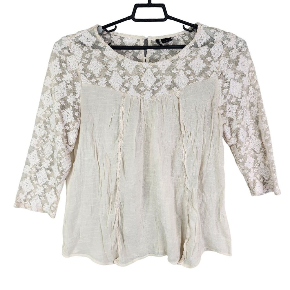 Women's Ivory White New Directions Lace Crochet Blouse Top 3/4 Sleeve Size L
